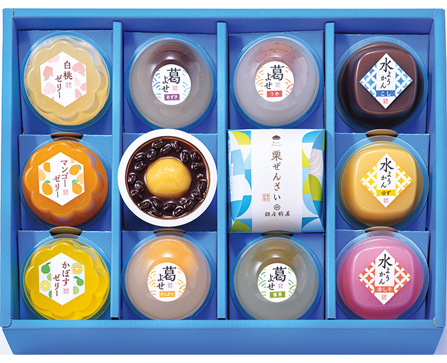 夏限定ギフト『氷華ものがたり』。葛よせ・栗ぜんざい・フルーツゼリー・水ようかんを詰め合わせた贈答用セット