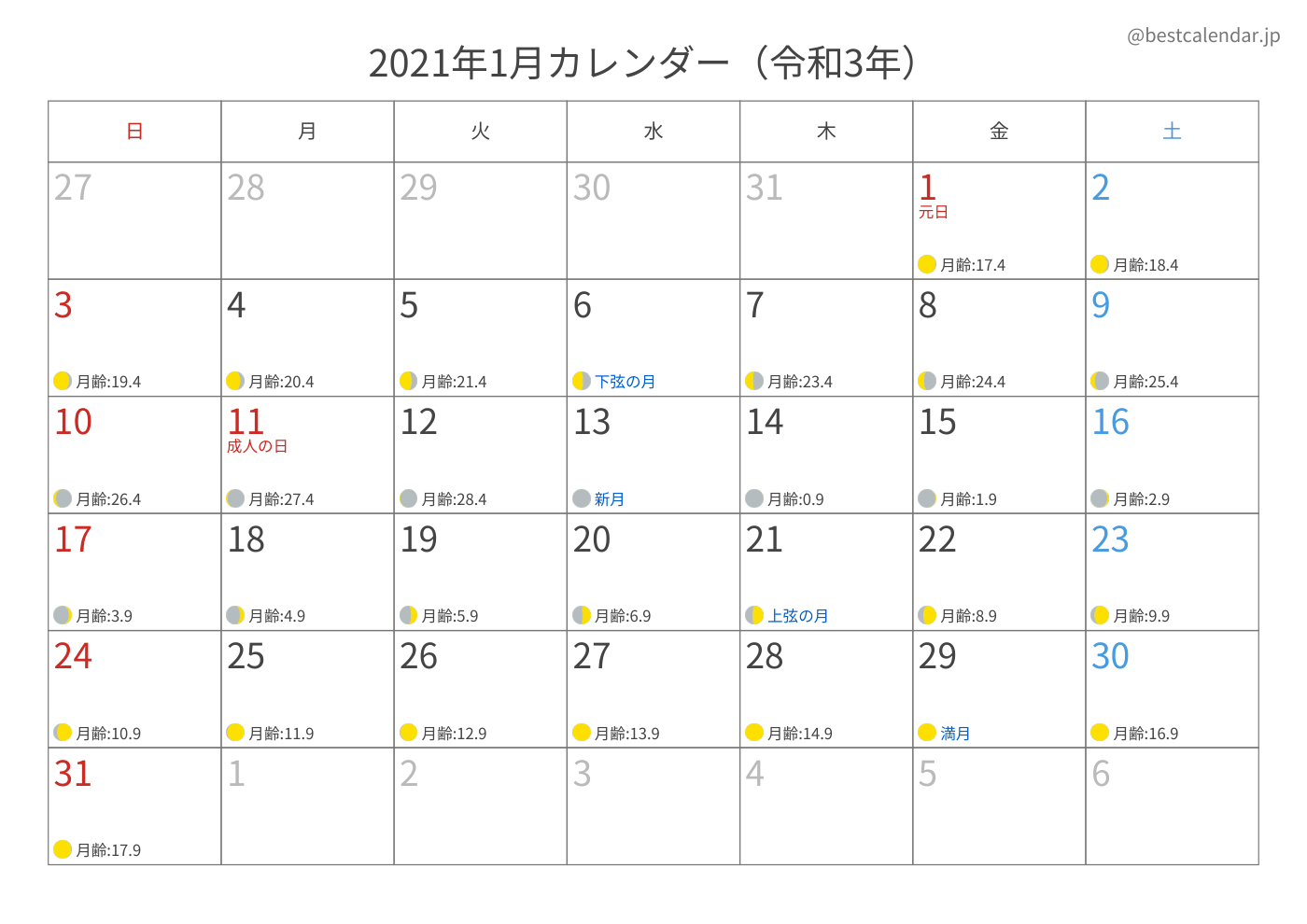 2021年1月 A3カレンダー（月齢入り）