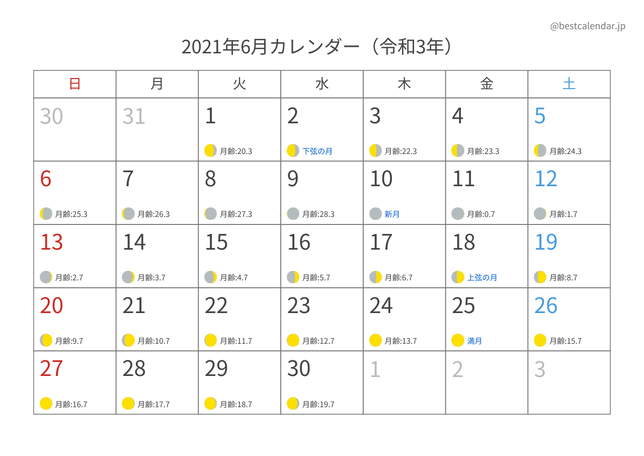 2021年6月月齢カレンダー 横向き