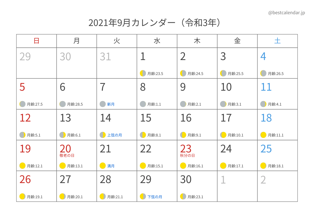 2021年9月月齢カレンダー 横向き