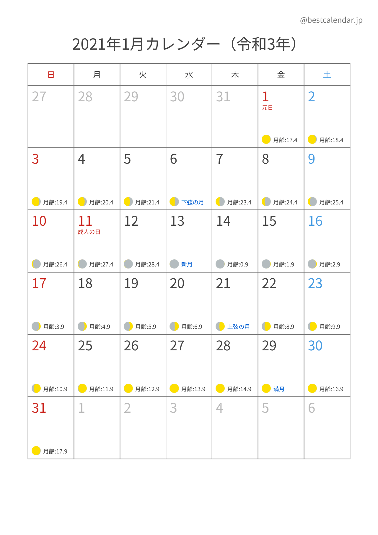 2021年1月月齢カレンダー 縦向き