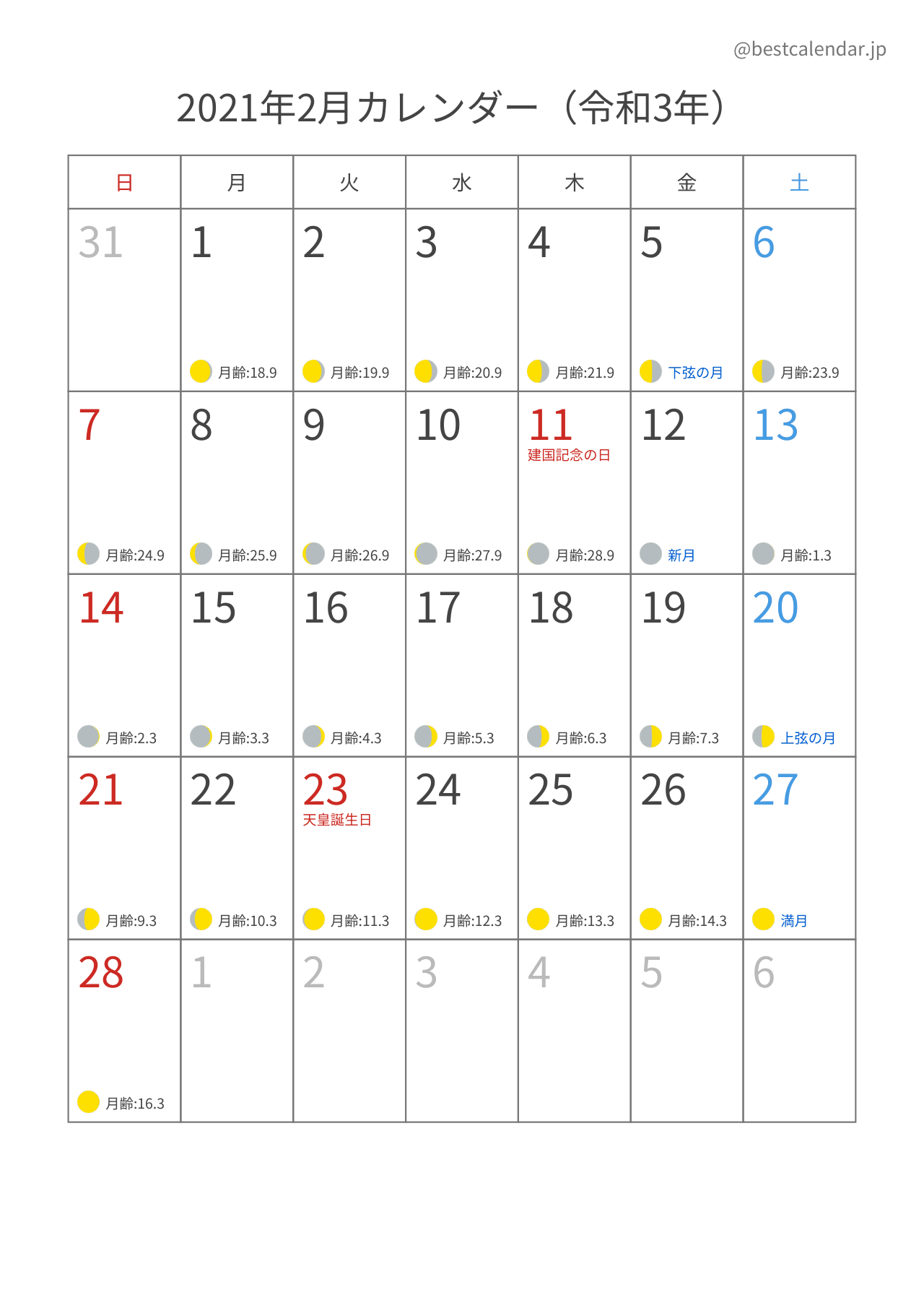 2021年2月月齢カレンダー 縦向き
