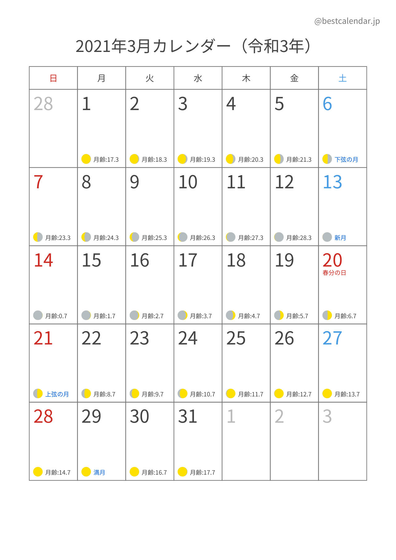 2021年3月月齢カレンダー 縦向き