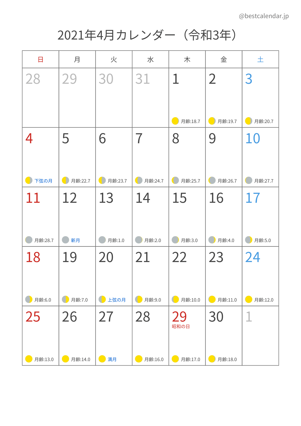 2021年4月月齢カレンダー 縦向き