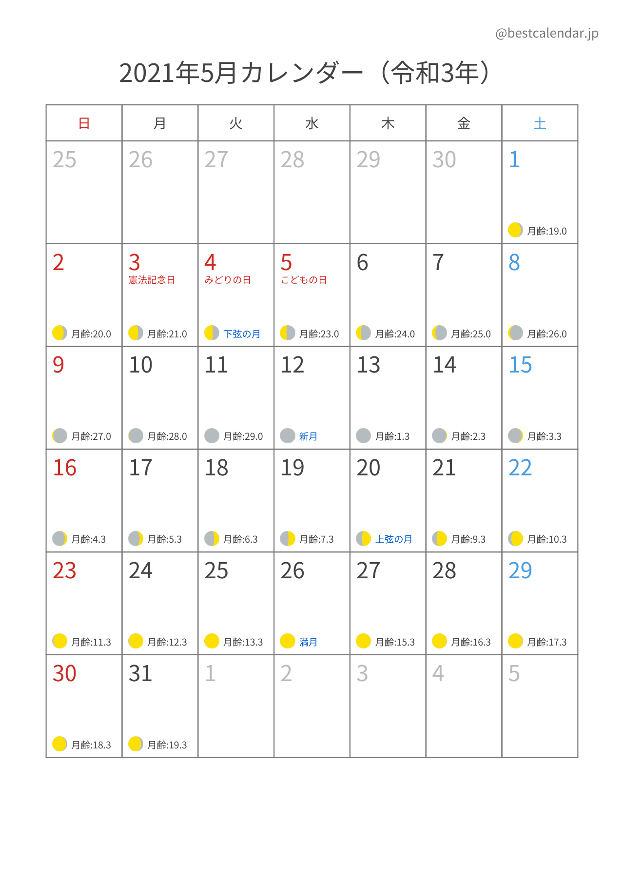 2021年5月月齢カレンダー 縦向き