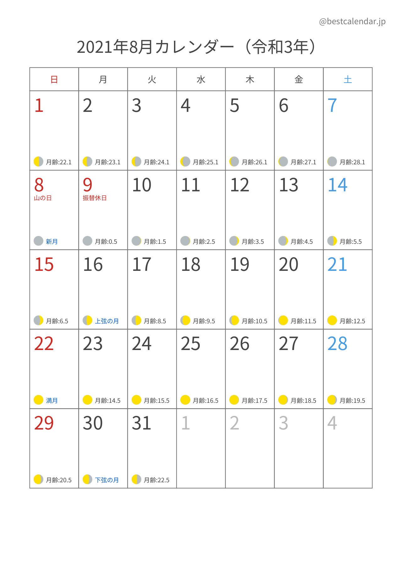 2021年8月月齢カレンダー 縦向き
