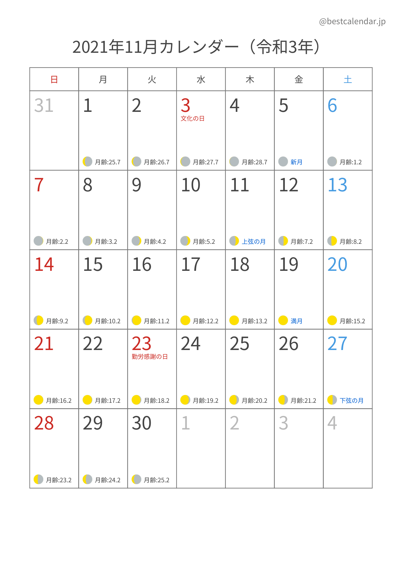 2021年11月月齢カレンダー 縦向き