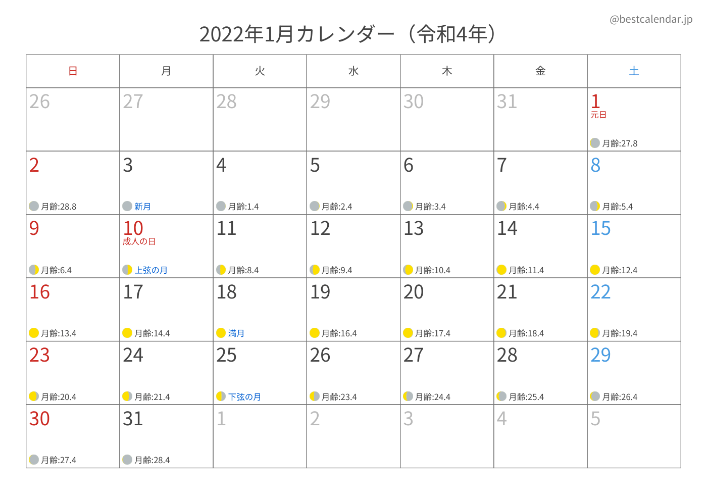 2022年A3カレンダー（月齢入り）