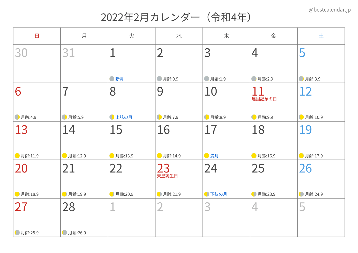 2022年2月 A3カレンダー（月齢入り）