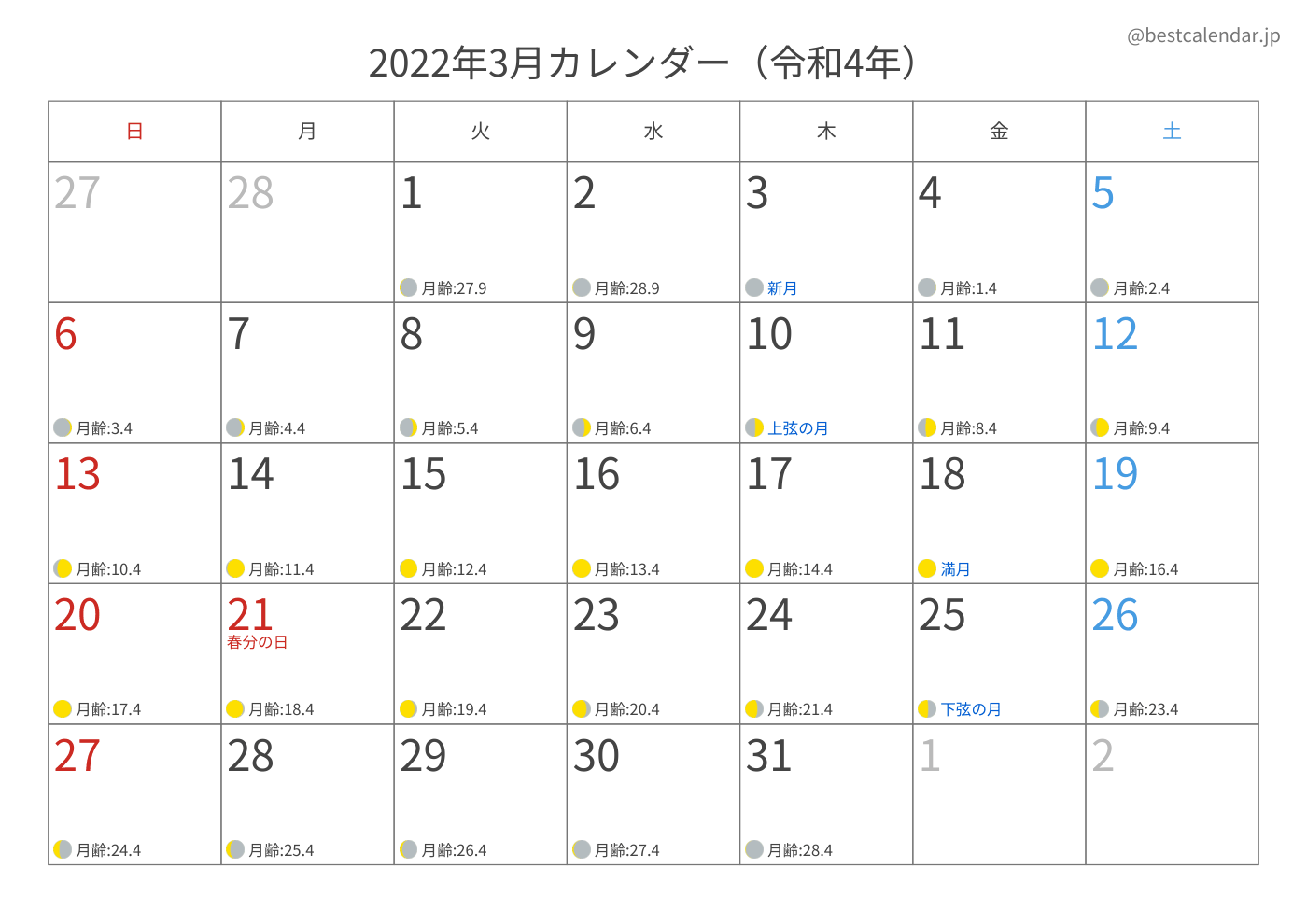 2022年3月 A3カレンダー（月齢入り）