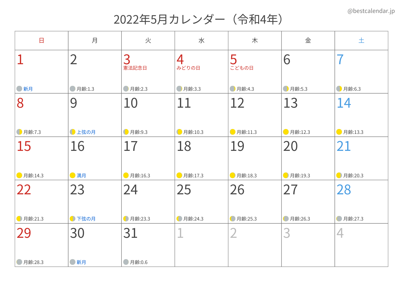 2022年5月 A3カレンダー（月齢入り）