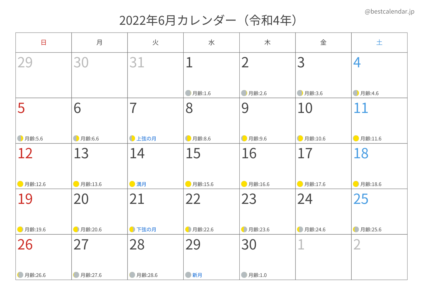 2022年6月 A3カレンダー（月齢入り）
