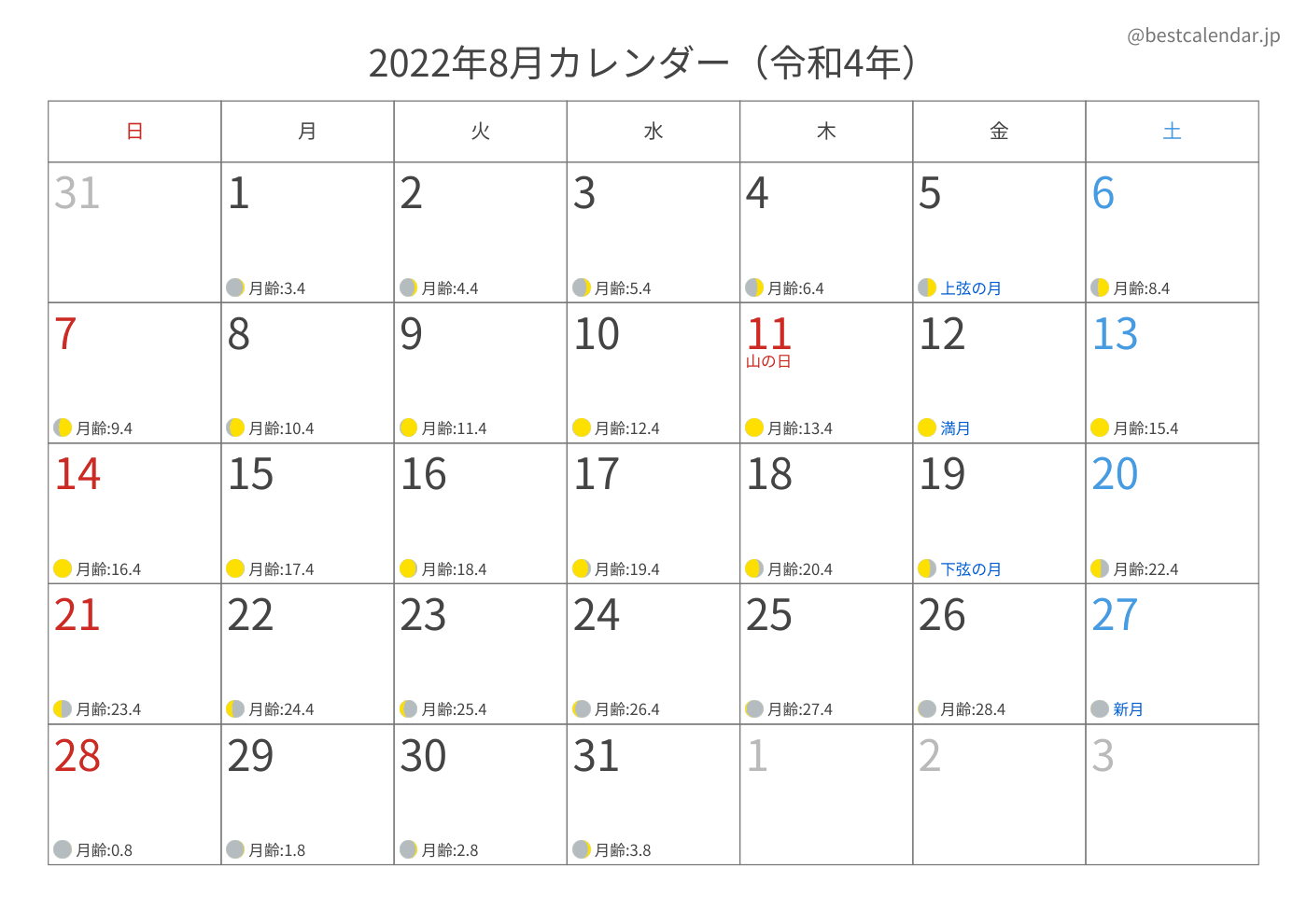 2022年8月 A3カレンダー（月齢入り）