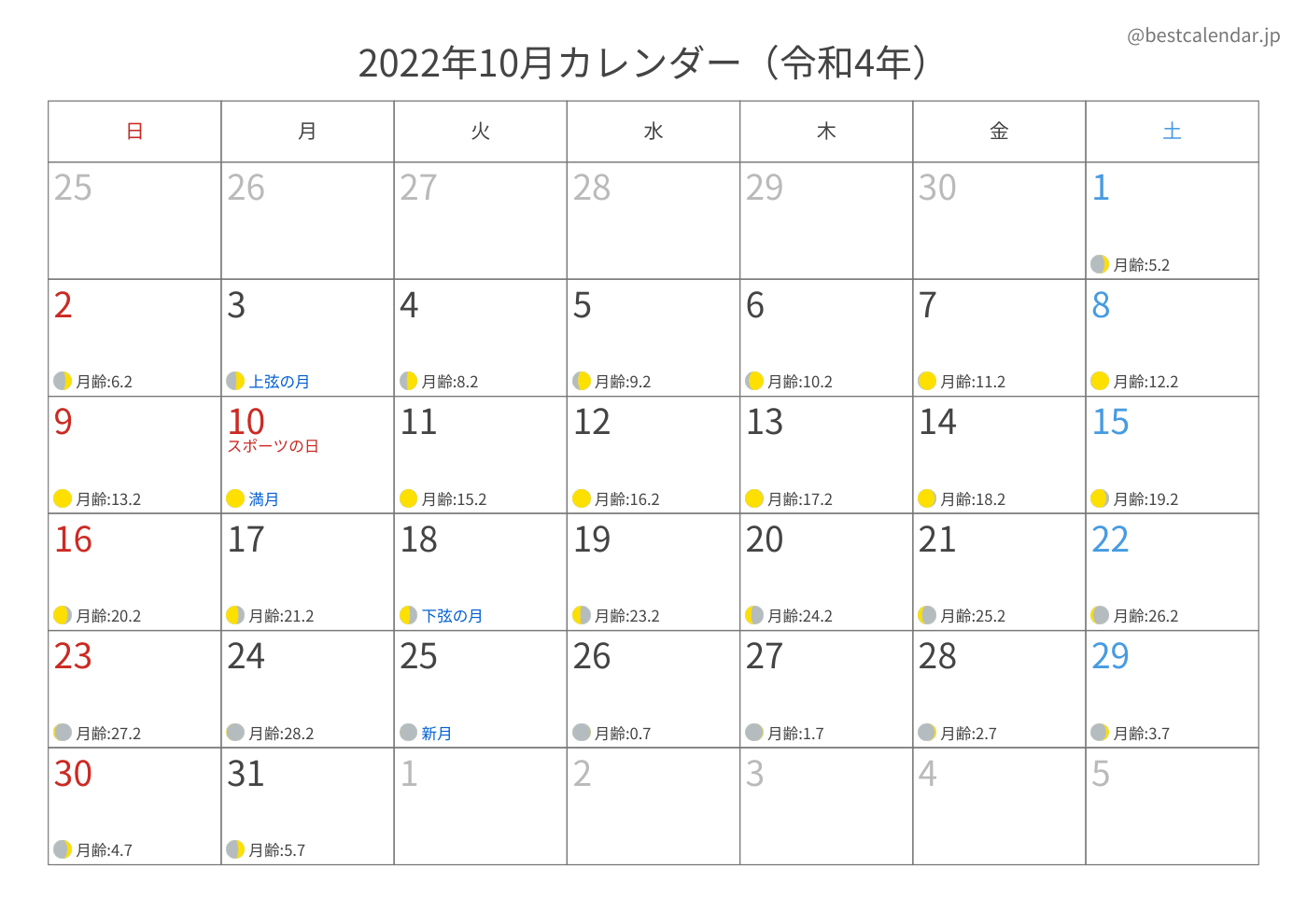 2022年10月 A3カレンダー（月齢入り）