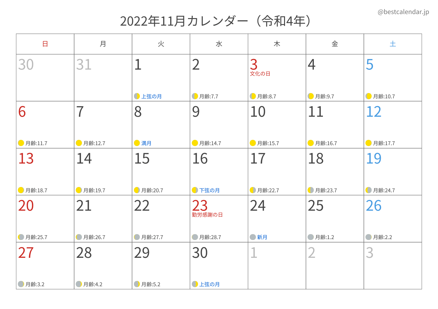 2022年11月 A3カレンダー（月齢入り）