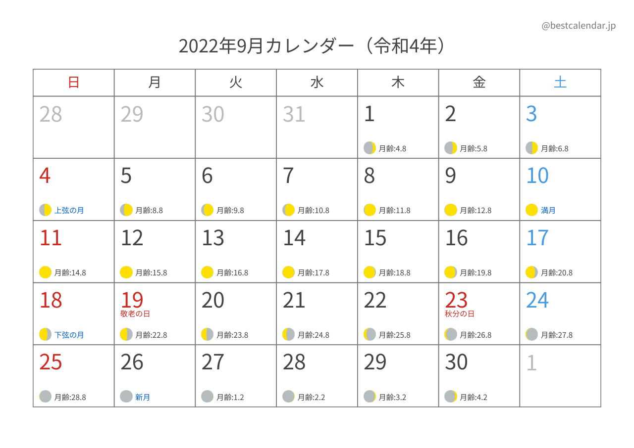 2022年9月月齢カレンダー 横向き