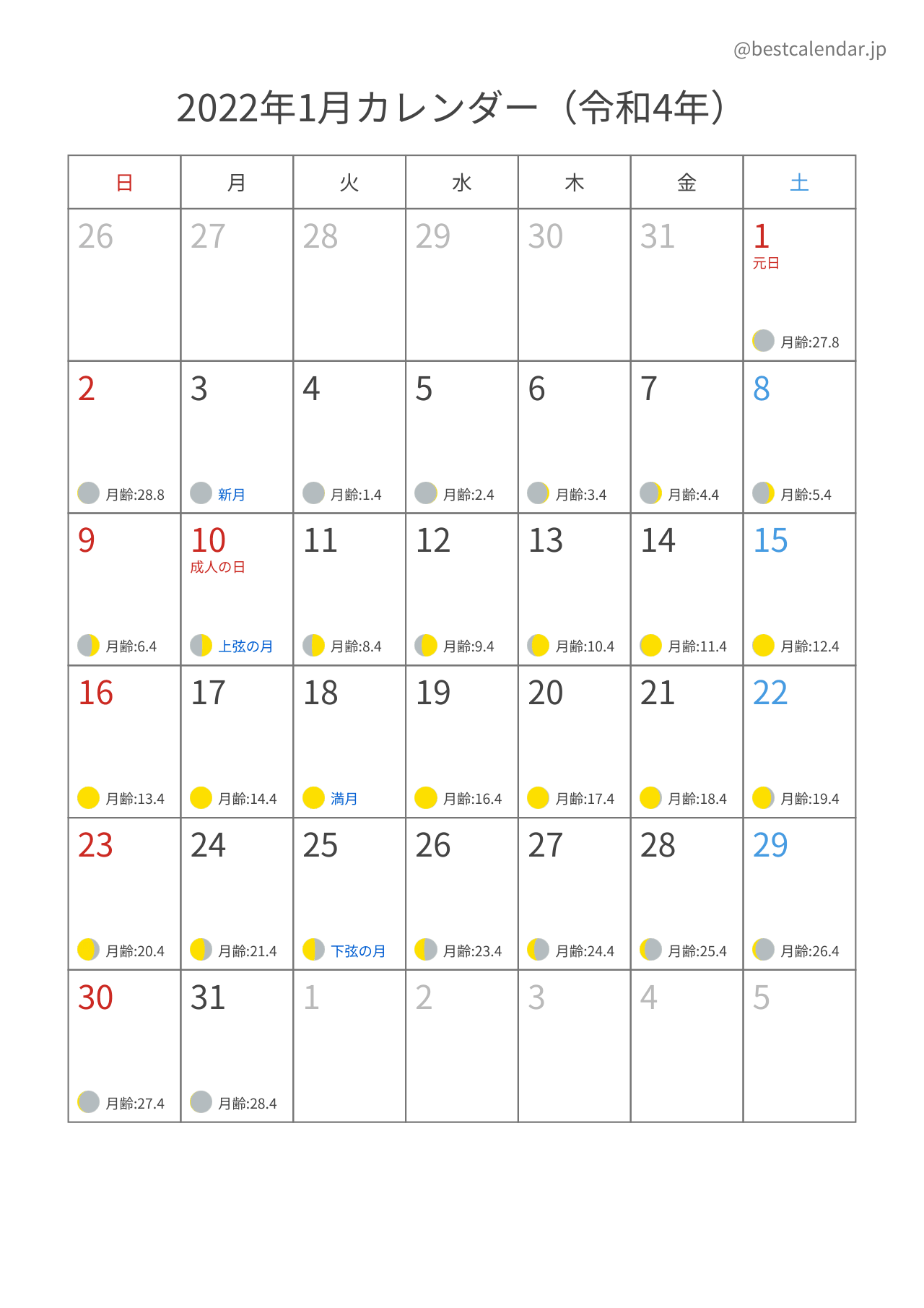2022年1月月齢カレンダー 縦向き