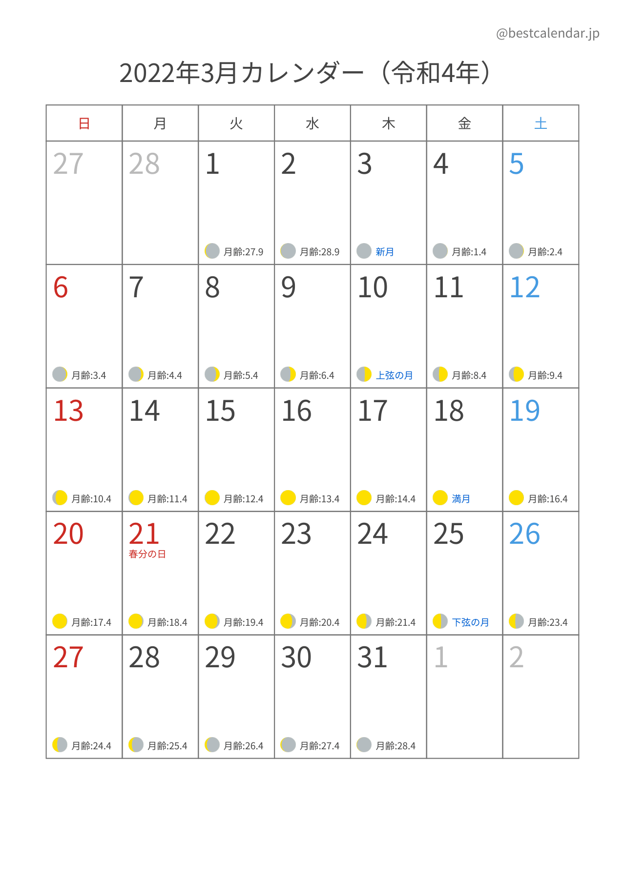 2022年3月月齢カレンダー 縦向き