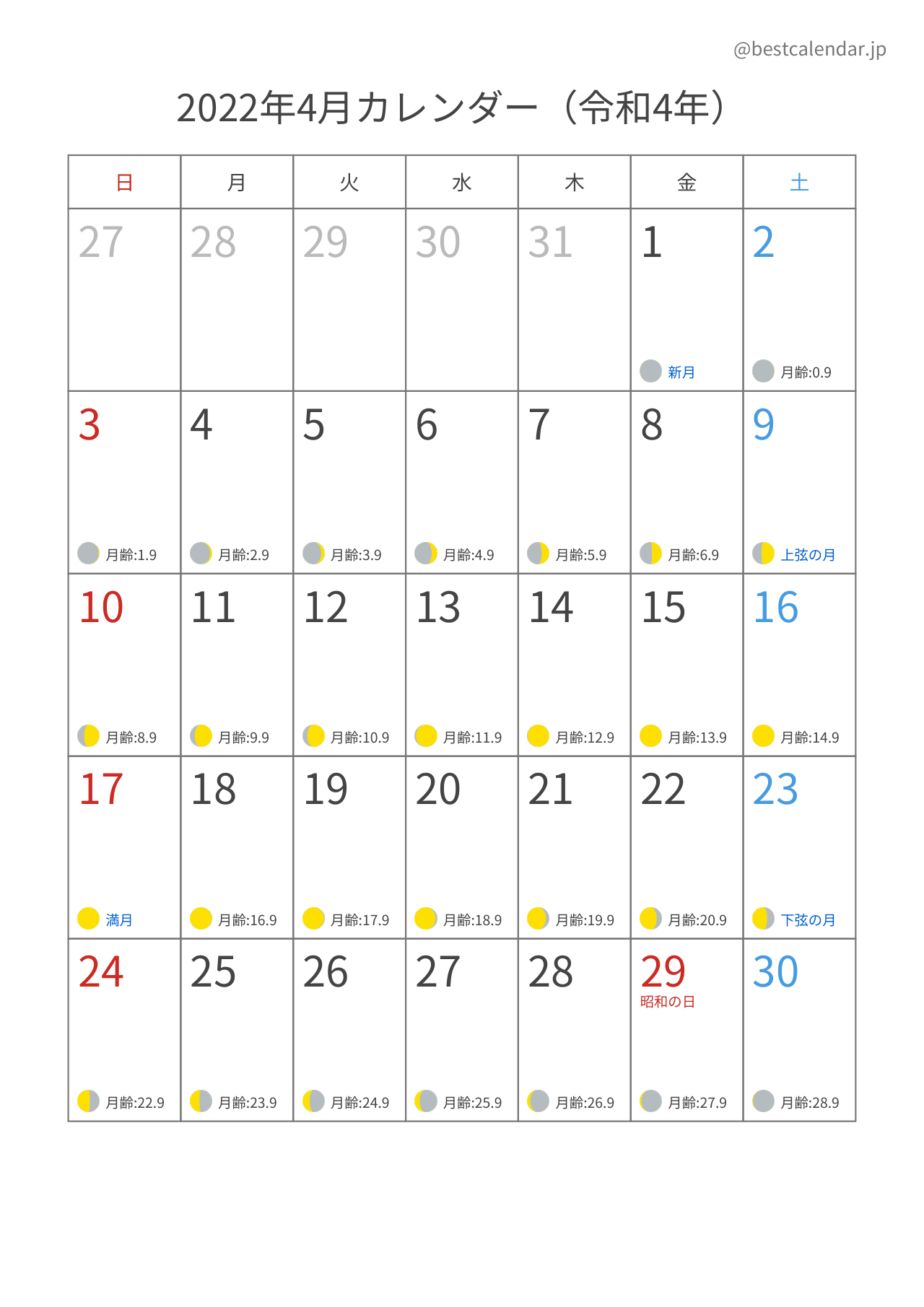 2022年4月月齢カレンダー 縦向き
