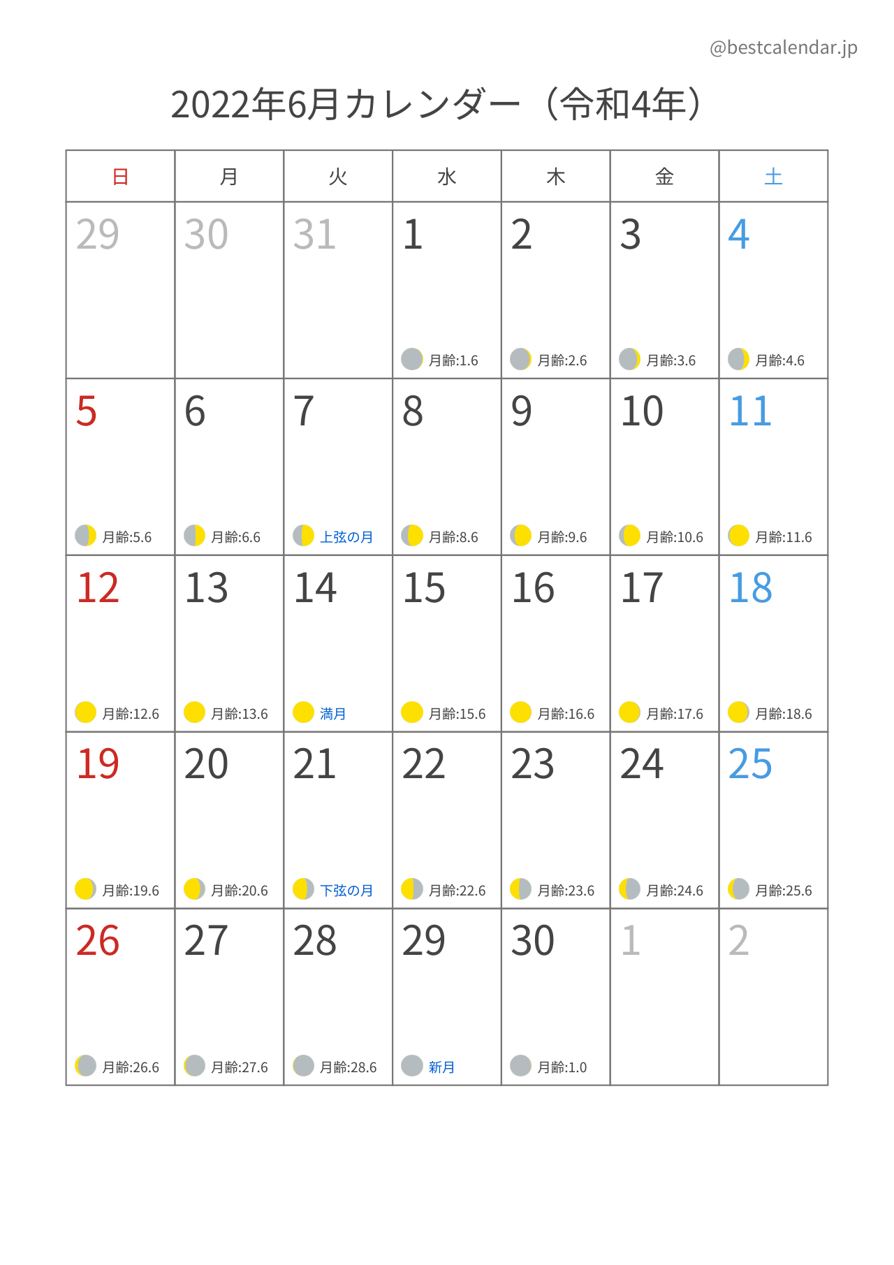 2022年6月月齢カレンダー 縦向き