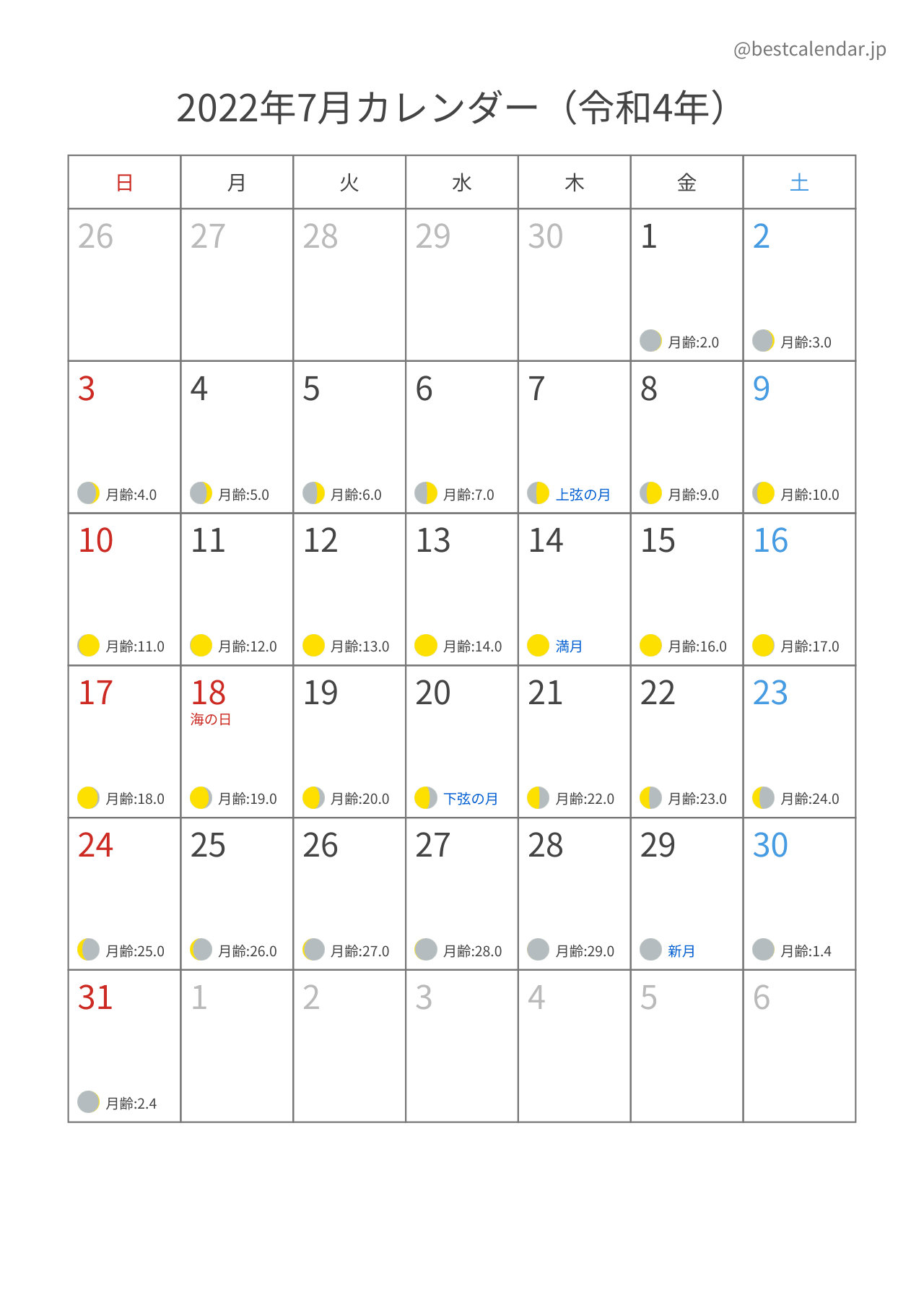 2022年7月月齢カレンダー 縦向き