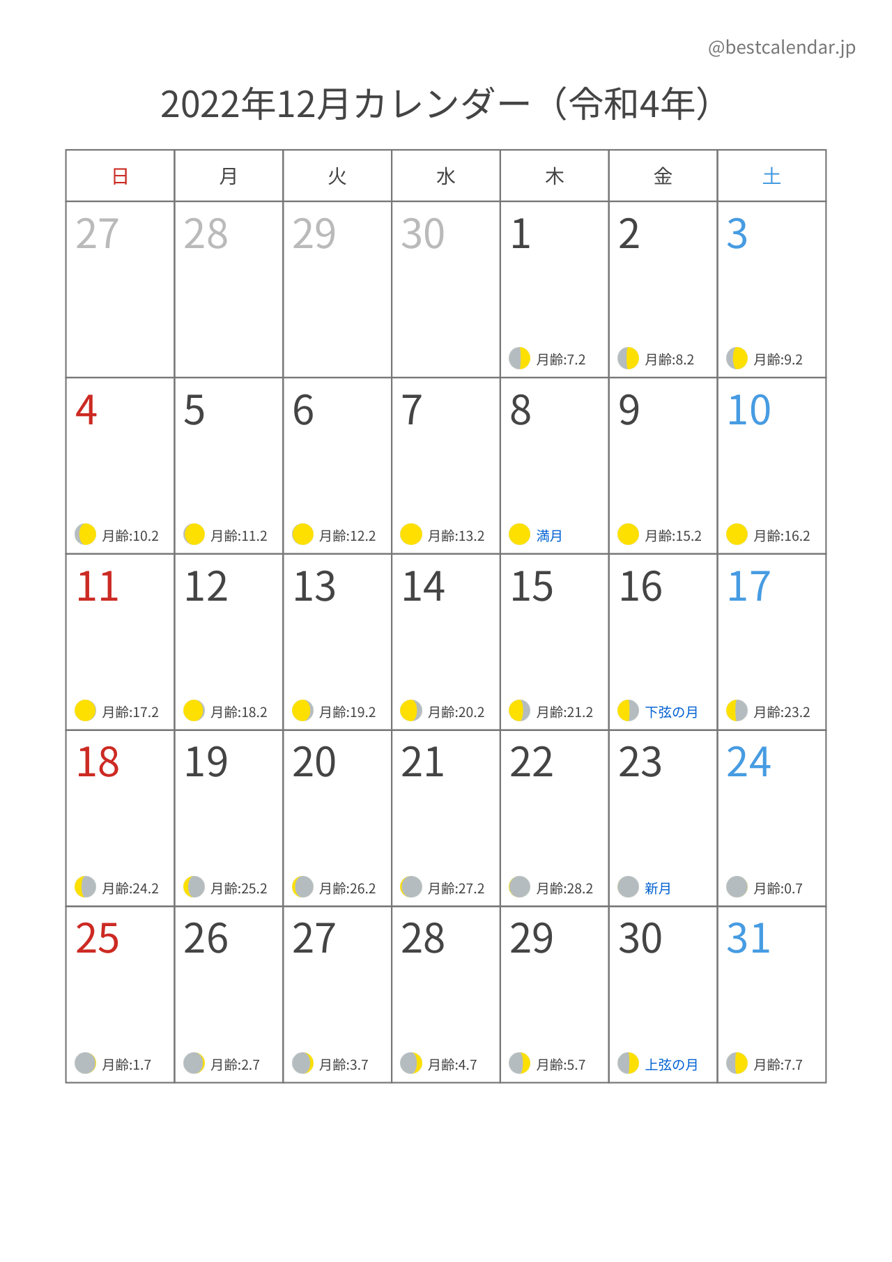 2022年12月月齢カレンダー 縦向き