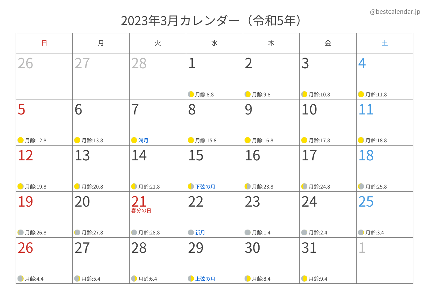 2023年3月 A3カレンダー（月齢入り）