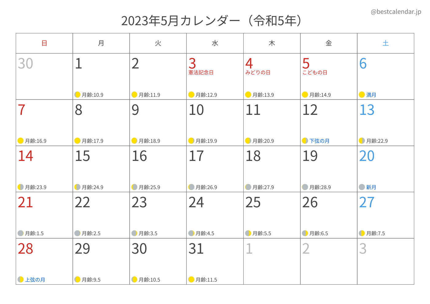 2023年5月 A3カレンダー（月齢入り）