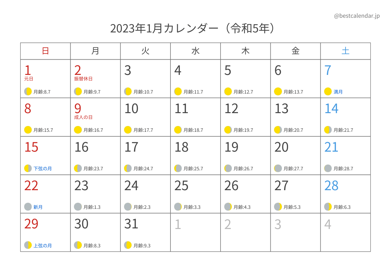 2023年1月カレンダー 月齢入り A4横向き PDF無料ダウンロード