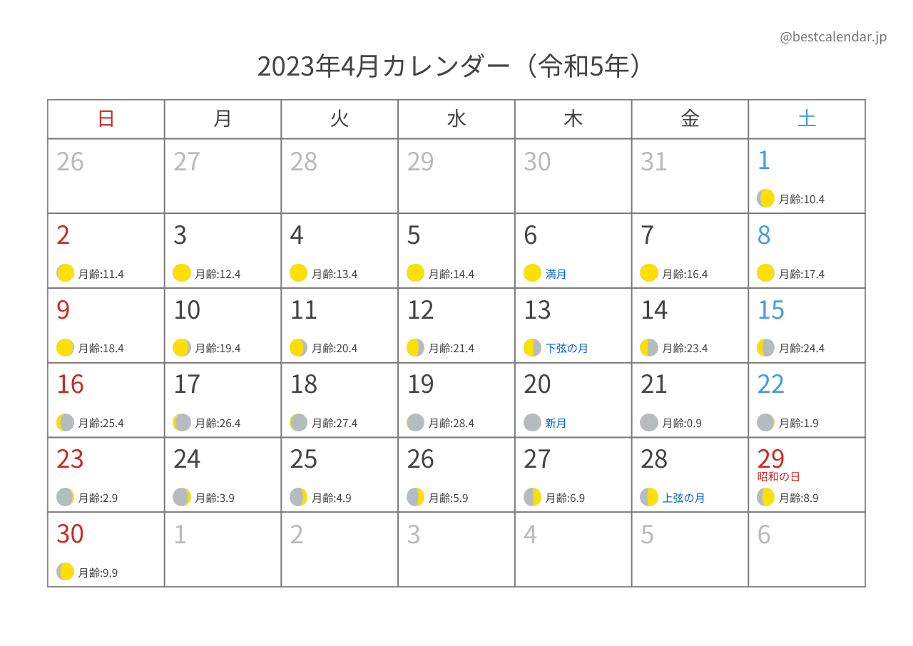 2023年4月カレンダー 月齢入り A4横向き PDF無料ダウンロード