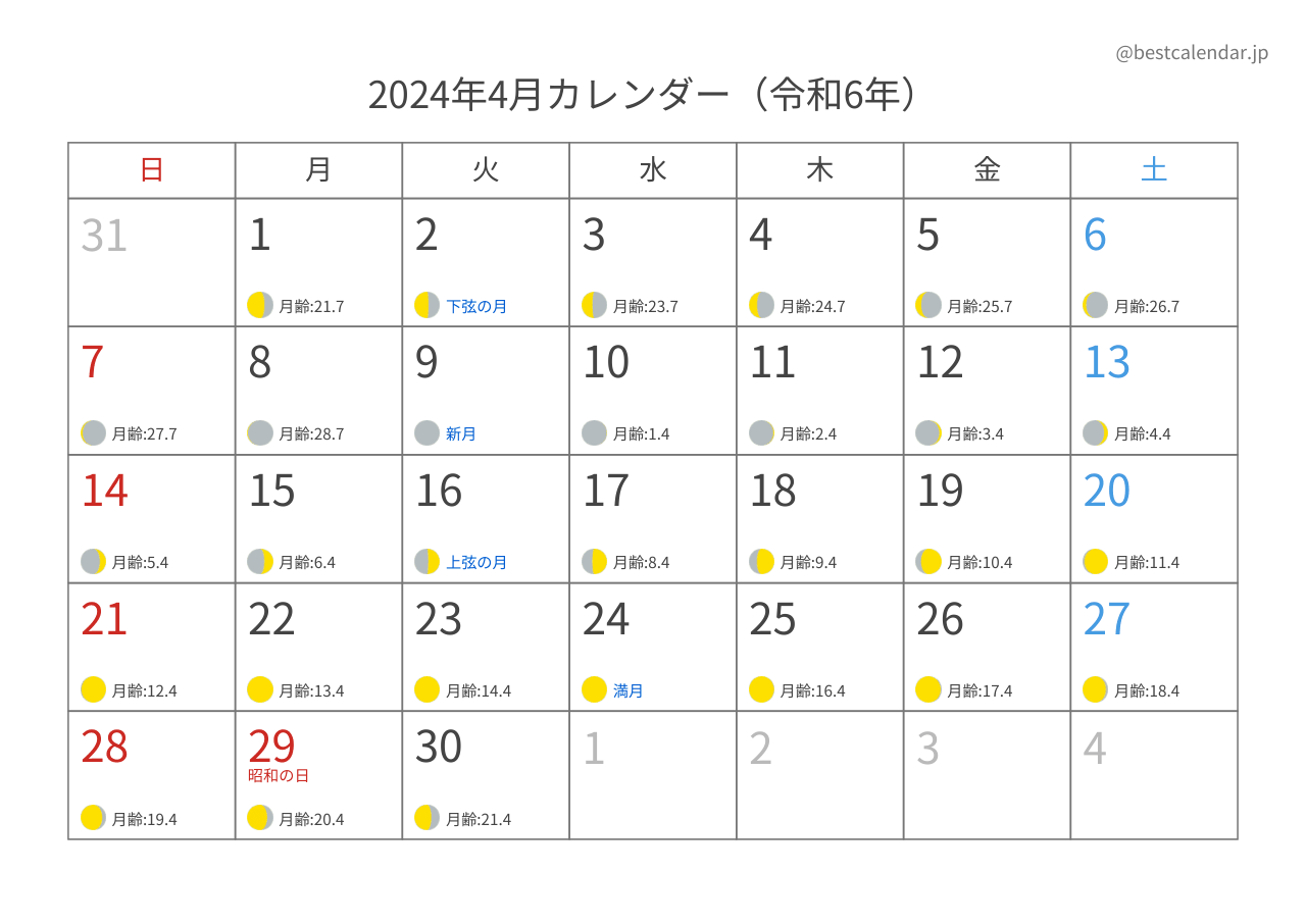 2024年4月カレンダー 月齢入り A4横向き PDF無料ダウンロード
