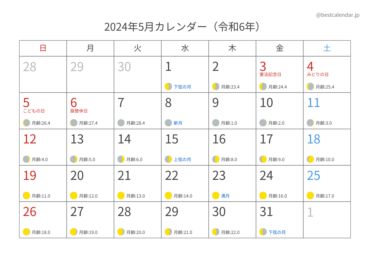 2024年5月カレンダー 月齢入り A4横向き PDF無料ダウンロード