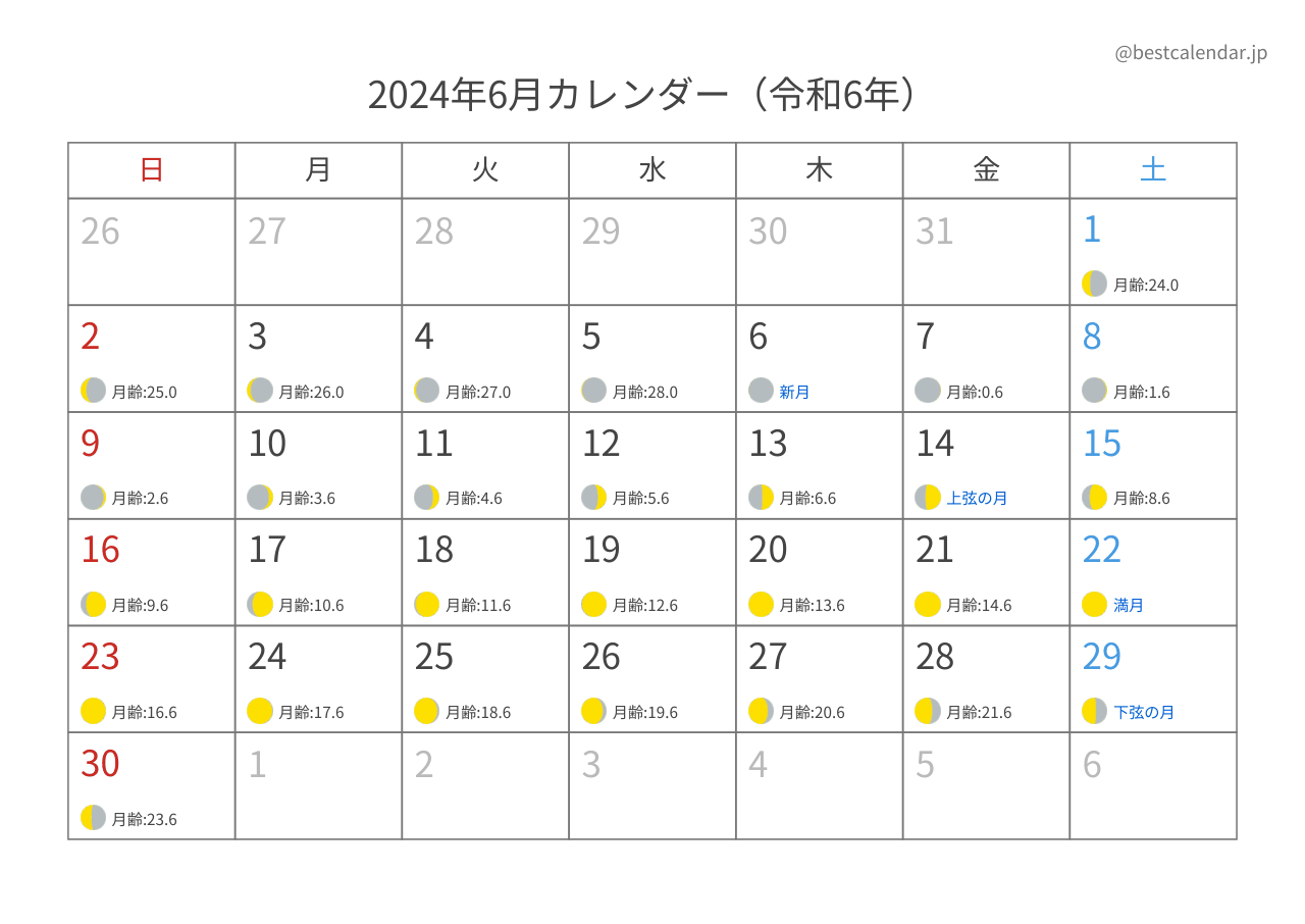 2024年6月 月齢入りカレンダー A4横向き