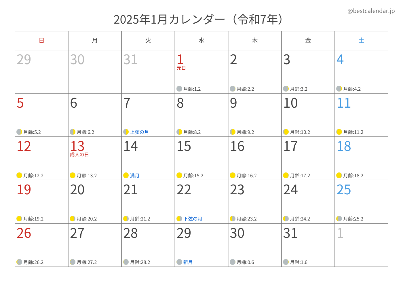 2025年A3カレンダー（月齢入り）