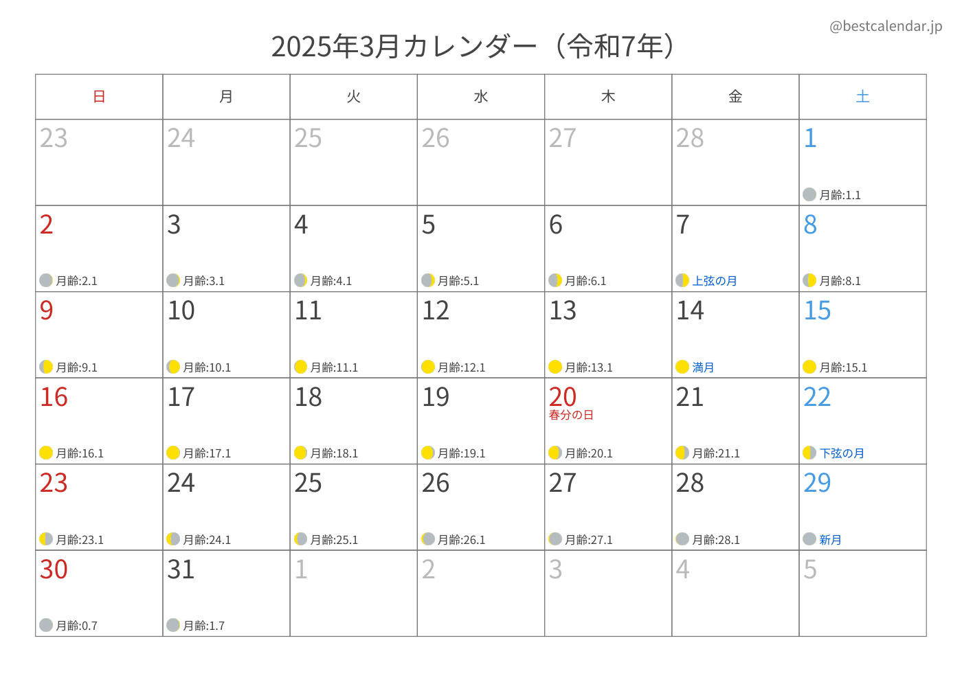 2025年3月 A3カレンダー（月齢入り）
