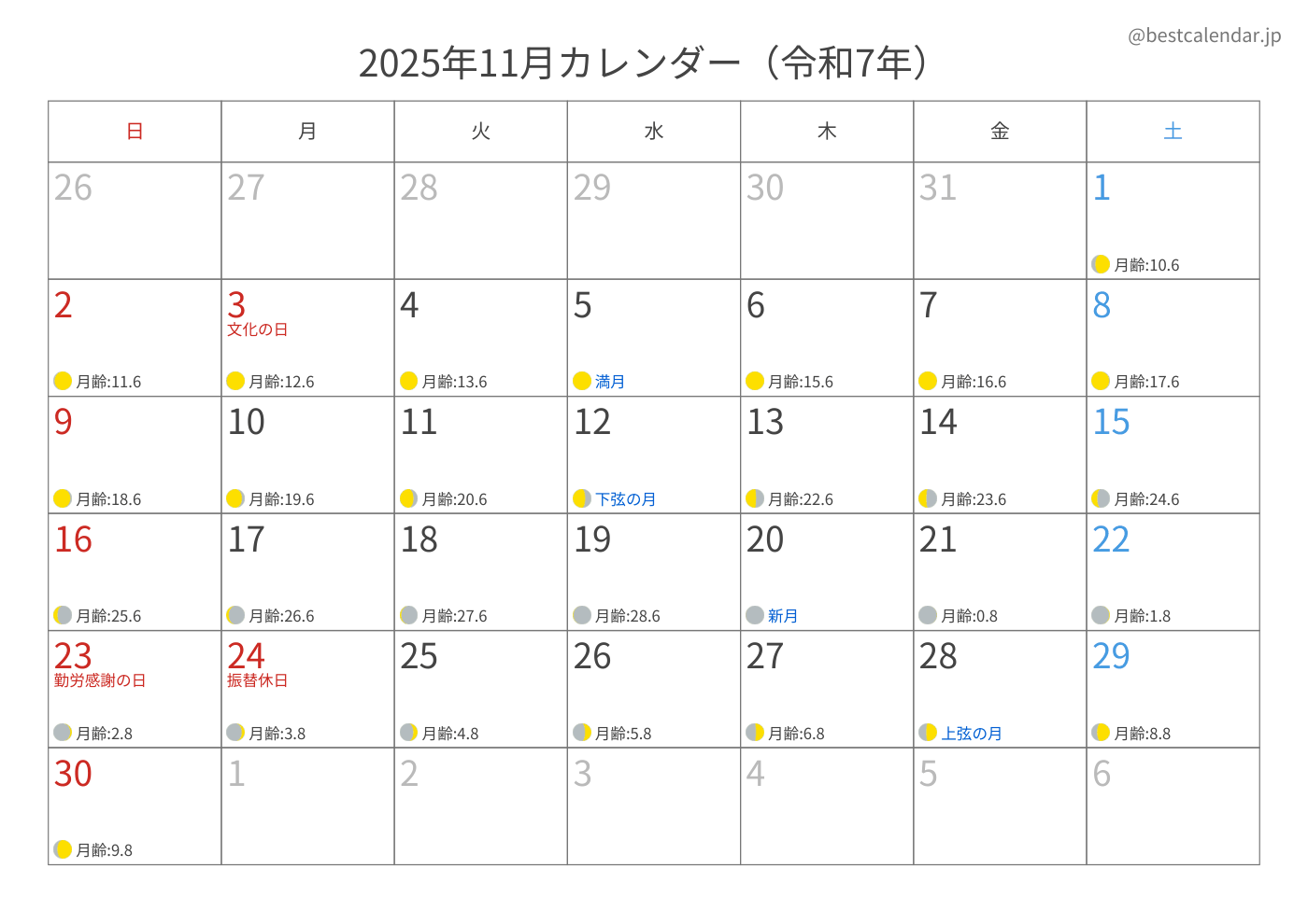 2025年11月 A3カレンダー（月齢入り）