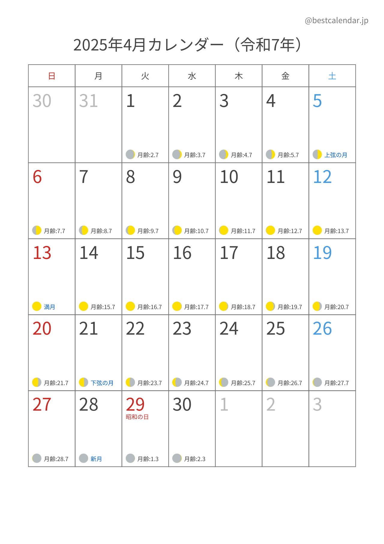 2025年4月月齢カレンダー 縦向き