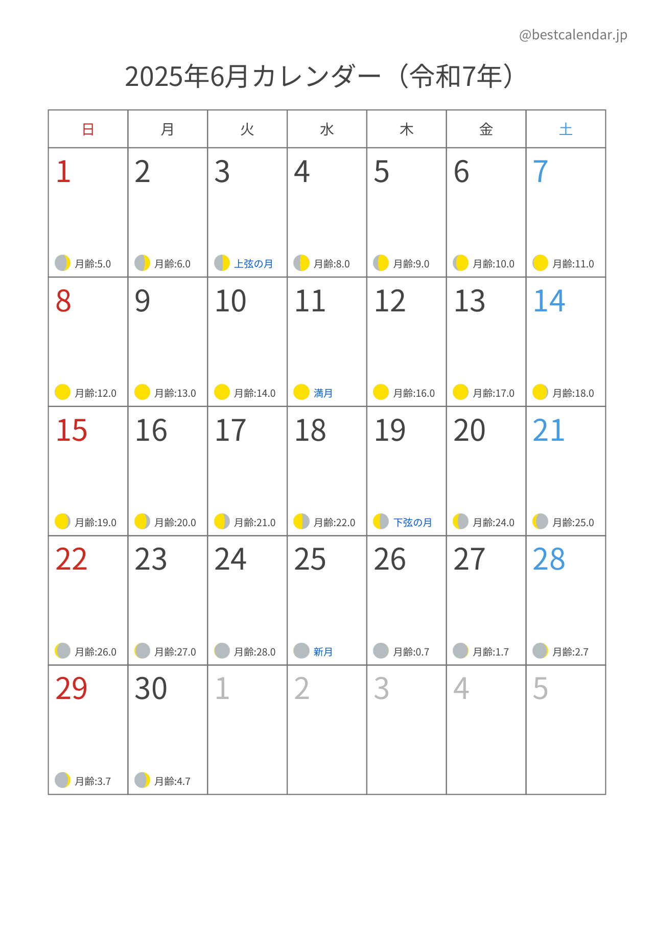 2025年6月月齢カレンダー 縦向き