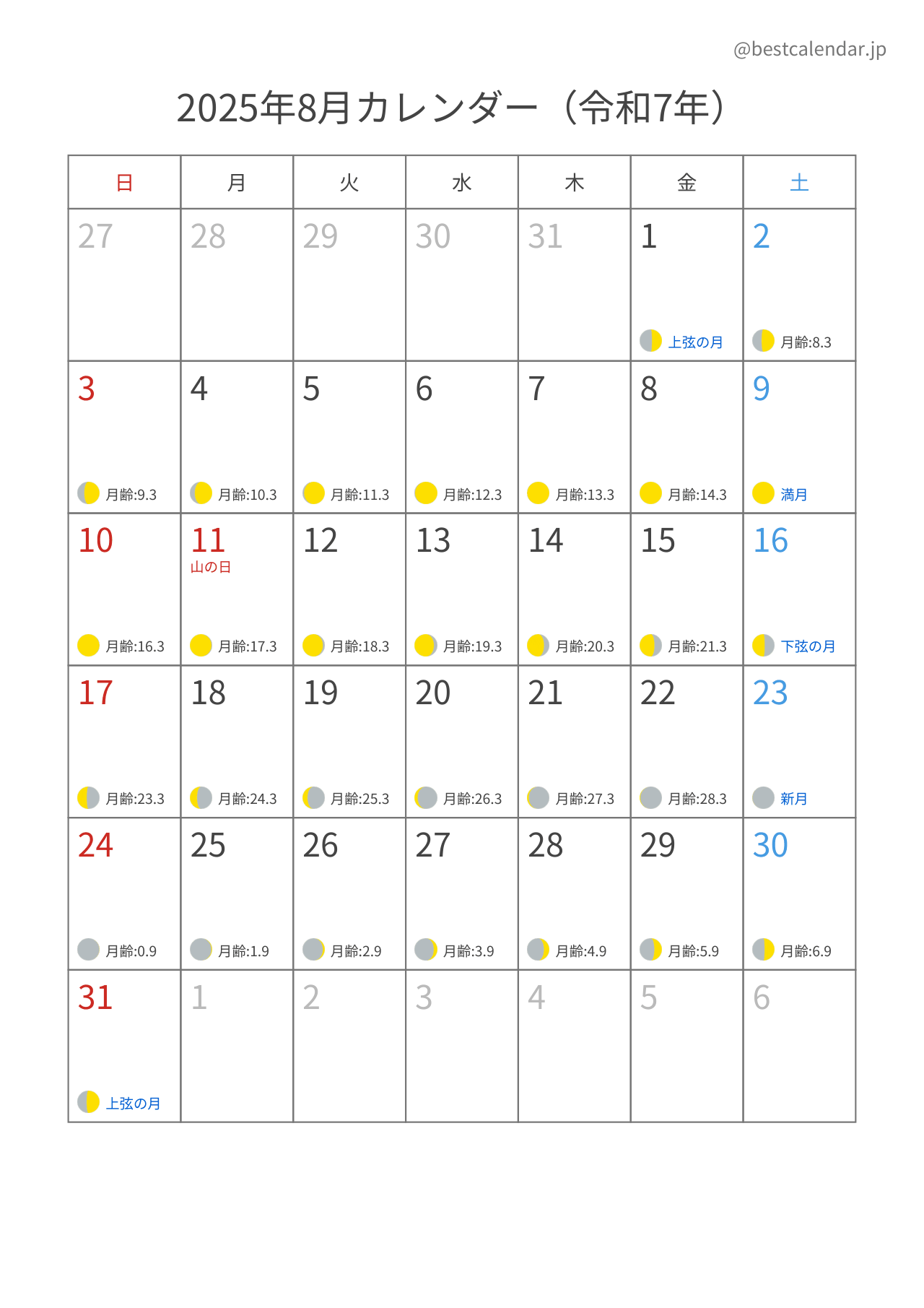 2025年8月月齢カレンダー 縦向き