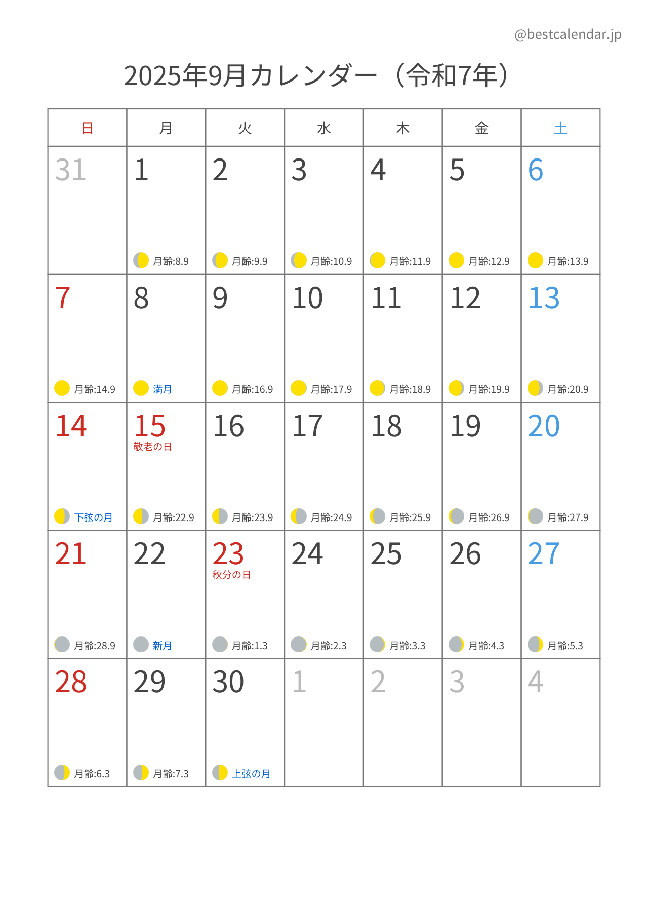 2025年9月月齢カレンダー 縦向き