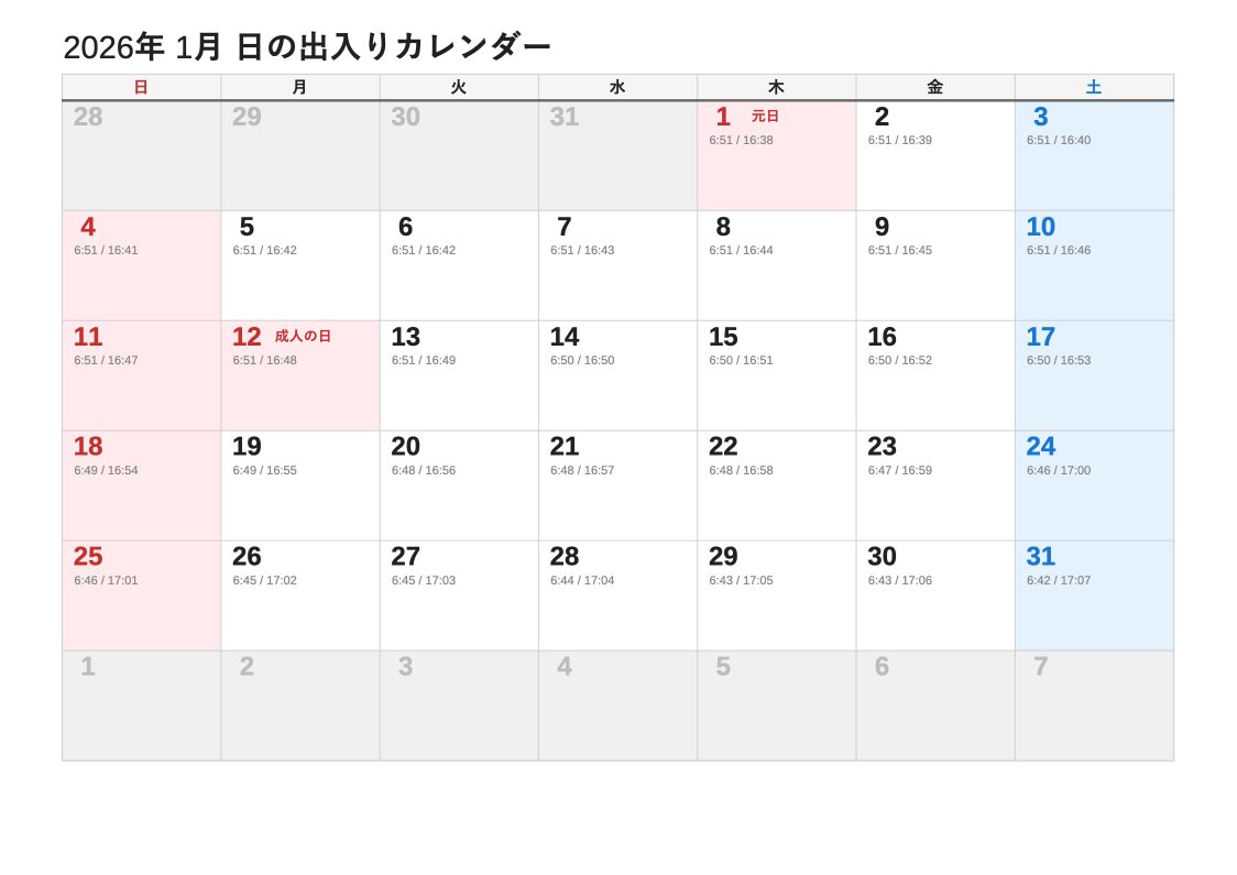 日の出入エクセルカレンダー（1月・日曜始まりの例）