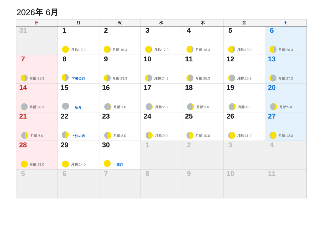 2026年6月 月齢エクセルカレンダー（日曜始まり）