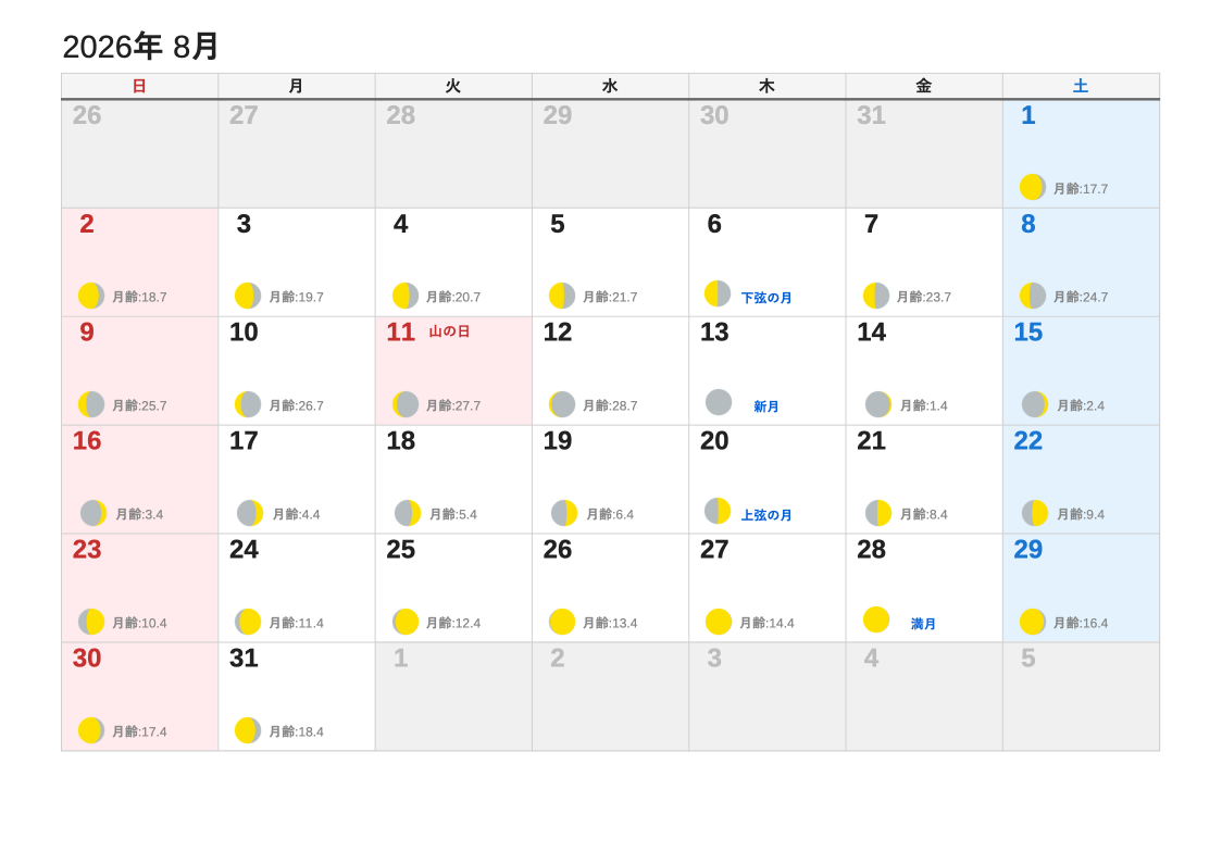 2026年8月 月齢エクセルカレンダー（日曜始まり）