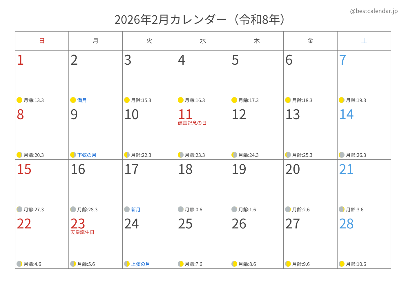2026年2月 A3カレンダー（月齢入り）