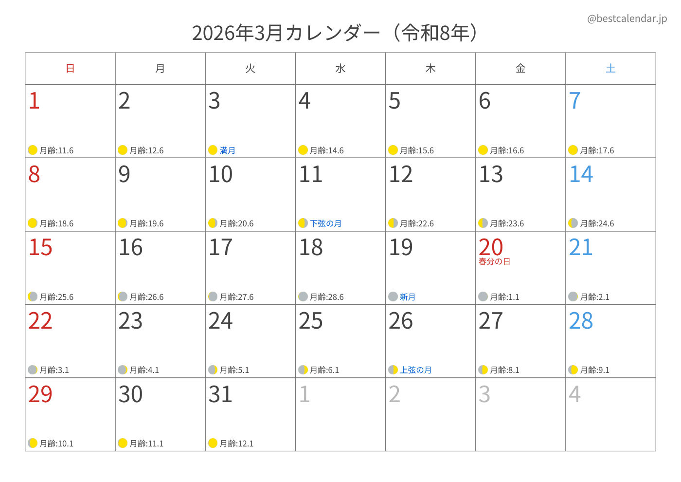 2026年3月 A3カレンダー（月齢入り）