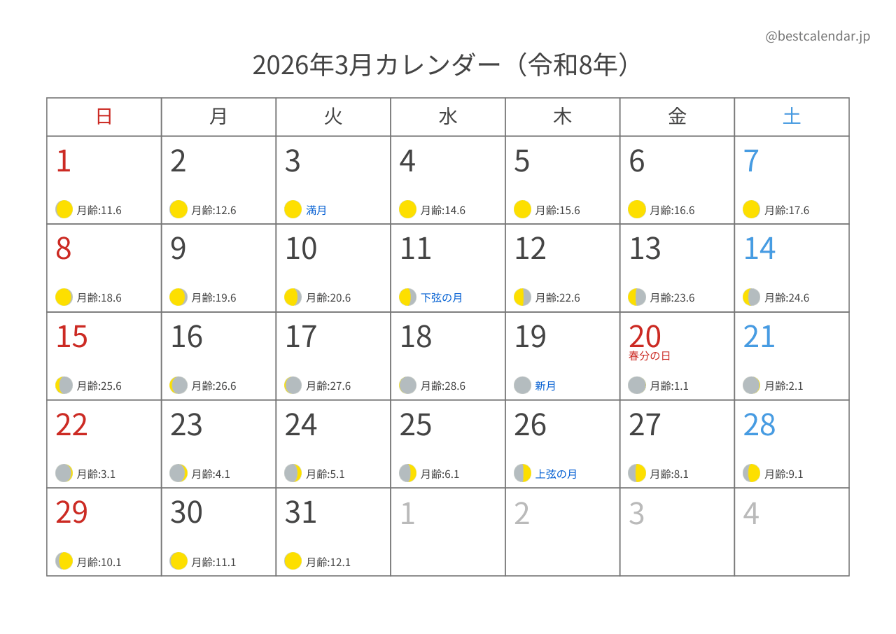 2026年3月カレンダー 月齢入り A4横向き PDF無料ダウンロード