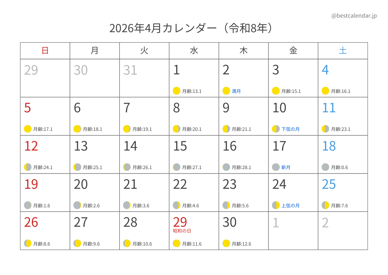 2026年4月カレンダー 月齢入り A4横向き PDF無料ダウンロード