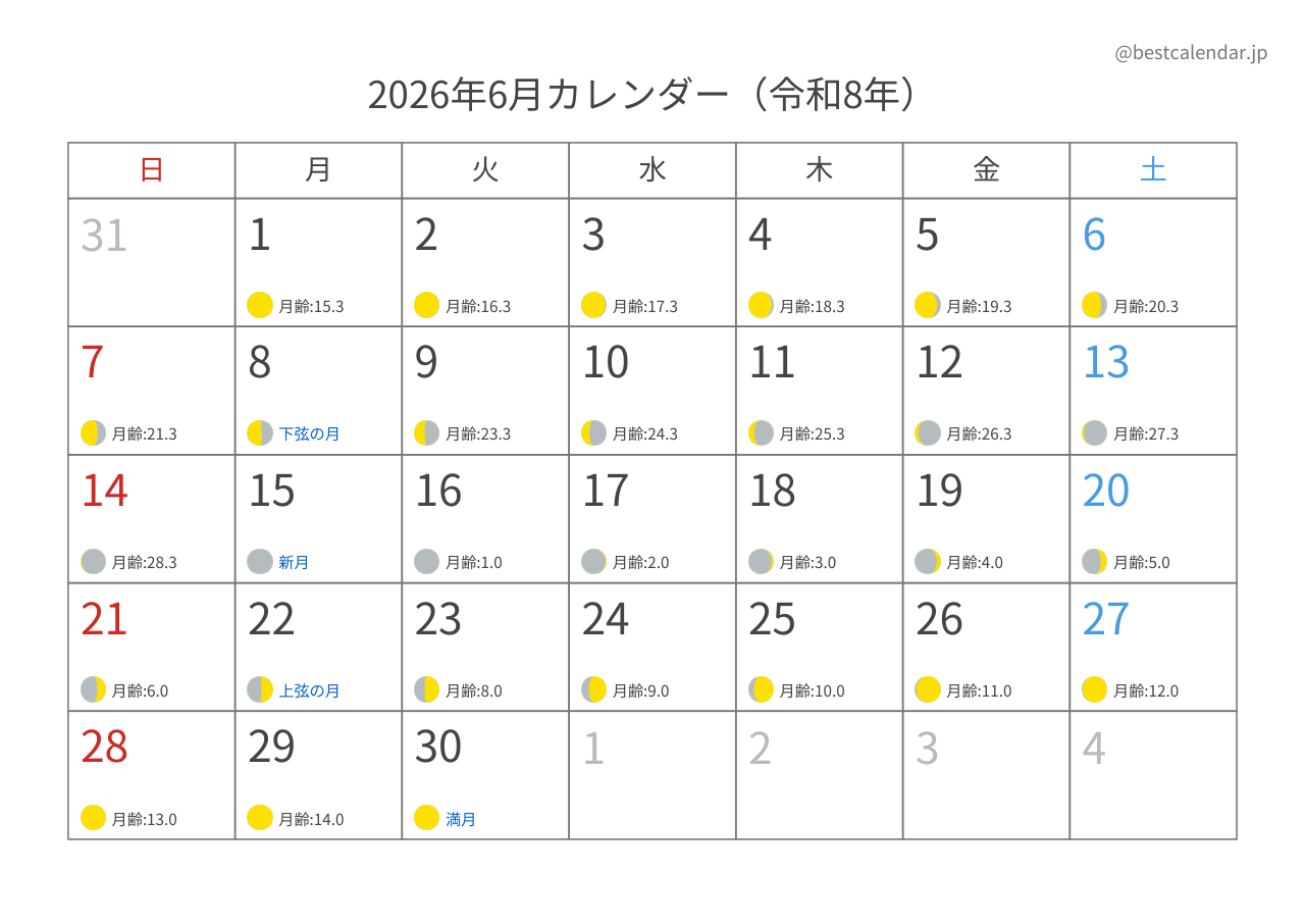 2026年6月月齢カレンダー 横向き