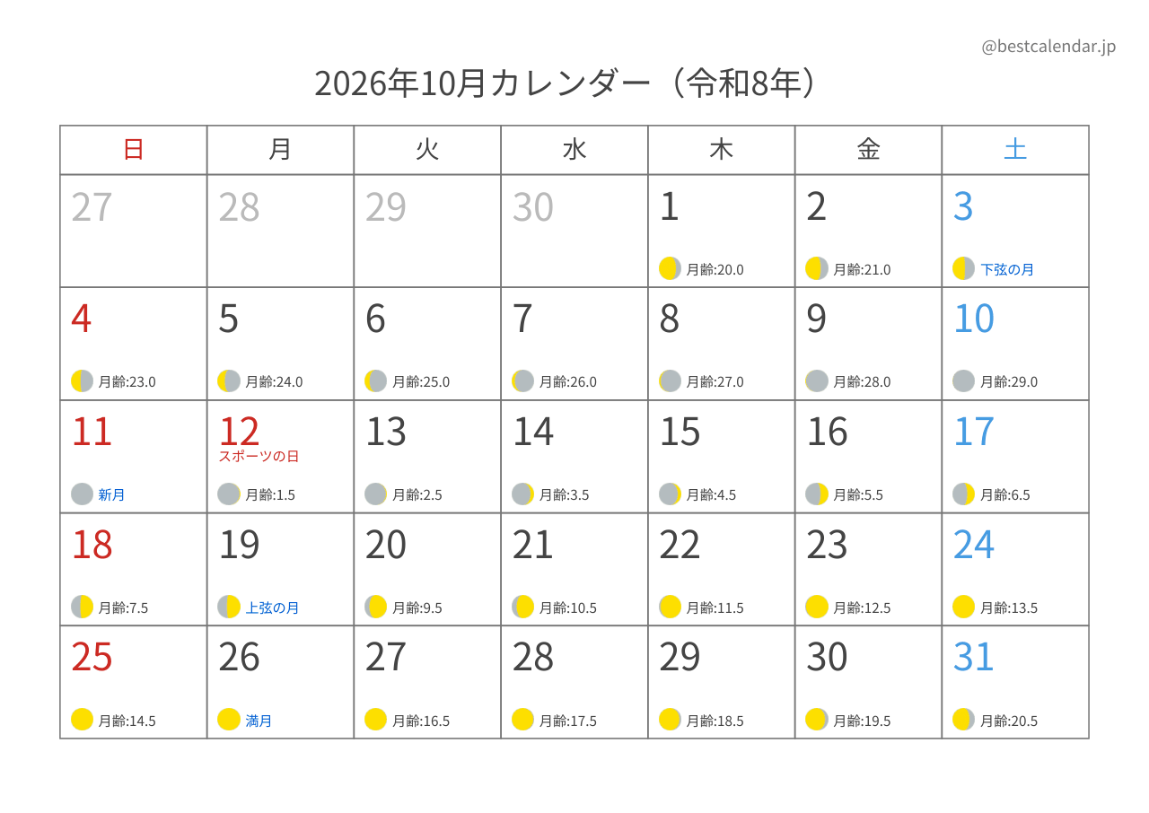 2026年10月 月齢入りカレンダー A4横向き