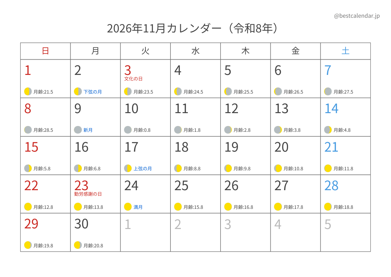 2026年11月 月齢入りカレンダー A4横向き